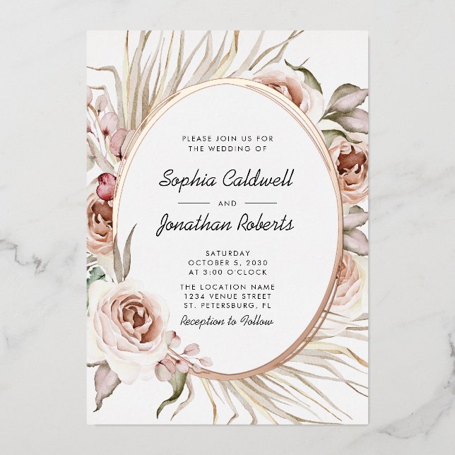 Invitación Con Relieve Metalizado Todo en un Boda Boho Floral Real Rosa Gold (Anverso)