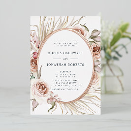 Invitación Con Relieve Metalizado Todo en Uno Boda Boho Floral Rosa Dorado de Rosas 