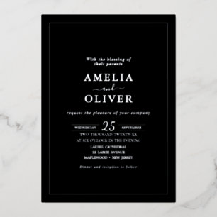 Invitación Con Relieve Metalizado Todo en uno Código QR Plateado Negro Oscuro Boda