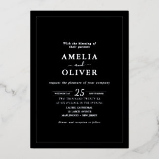 Invitación Con Relieve Metalizado Todos los Detalles de Boda en Papel de Plata Oscur