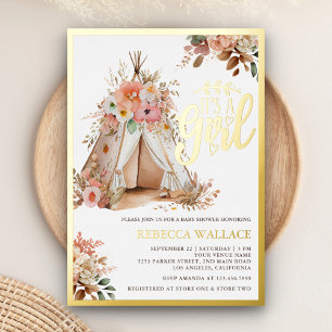 Invitación Con Relieve Metalizado Toldo de bebé tribal floral boho niña Shower