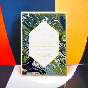 Invitación Con Relieve Metalizado Tono de Tierra Azul Verde Moderno Abstracto Boda D