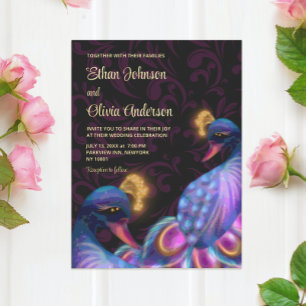 Invitación Con Relieve Metalizado Tonos de joyería de pavo real Bodas Floral Morado