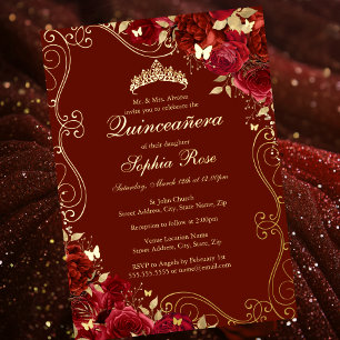 Invitación Con Relieve Metalizado Torbellino Floral Rojo Dorado Quinceañera