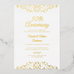Invitación Con Relieve Metalizado Torneado de Oro Clásico 50 Aniversario de Boda