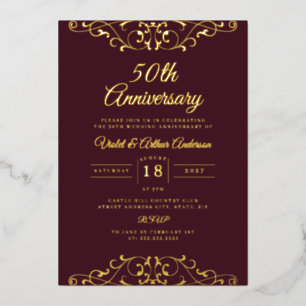 Invitación Con Relieve Metalizado Torneado de oro y Borgoña 50º Aniversario de Boda