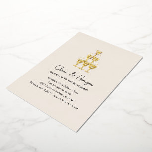 Invitación Con Relieve Metalizado Torre de champán con arco dibujado a mano boda dor