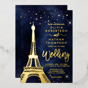 Invitación Con Relieve Metalizado Torre Eiffel boda chic dorado brillo destellos