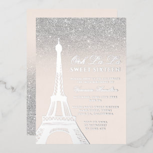 Invitación Con Relieve Metalizado Torre Eiffel elegante brillo plateado rosa Sweet 1