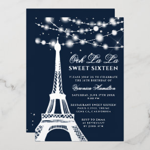 Invitación Con Relieve Metalizado Torre Eiffel luces de brillo plateado azul Dulces 