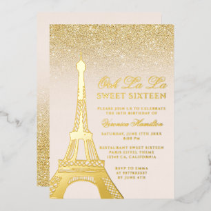 Invitación Con Relieve Metalizado Torre Eiffel moda oro purpurina rosa Dulce 16