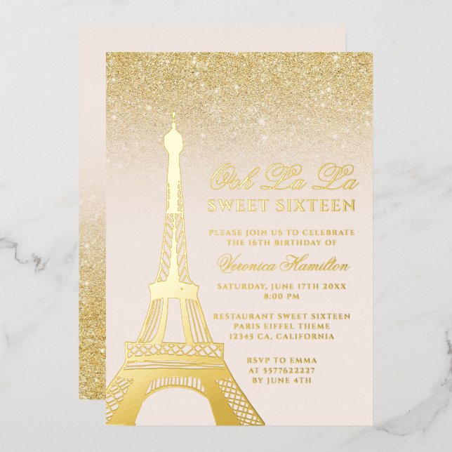 Invitación Con Relieve Metalizado Torre Eiffel moda oro purpurina rosa Dulce 16 (Anverso/Reverso)
