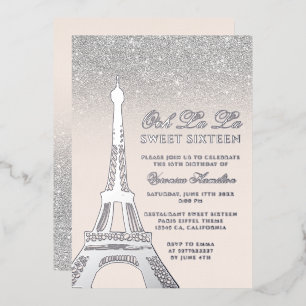 Invitación Con Relieve Metalizado Torre Eiffel moda purpurina plata color rosa dulce