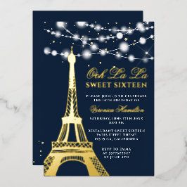 Invitación Con Relieve Metalizado Torre Eiffel purpurina de oro luces azul Sweet 16