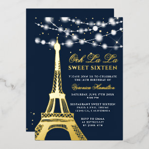 Invitación Con Relieve Metalizado Torre Eiffel purpurina de oro luces azul Sweet 16