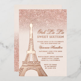 Invitación Con Relieve Metalizado Torre Eiffel rosa oro purpurina rosa Dulce 16