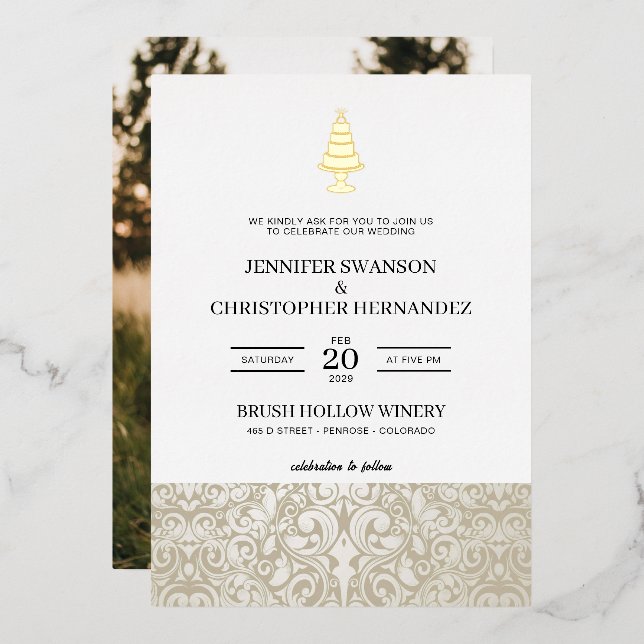 Invitación Con Relieve Metalizado Torta de bodas (Anverso/Reverso)