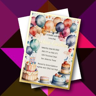 Invitación Con Relieve Metalizado Torta de globos de cumpleaños de acuarela Colorida