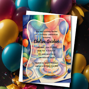 Invitación Con Relieve Metalizado Torta de globos de cumpleaños de acuarela Colorida