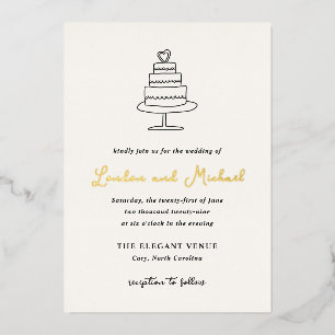 Invitación Con Relieve Metalizado Torta Dibujada a Mano Doodle Boda Moderna