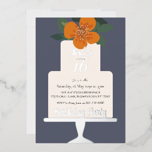 Invitación Con Relieve Metalizado Torta Floral Cumpleaños Party Gold