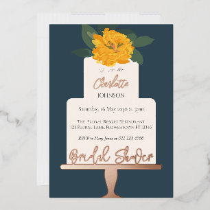 Invitación Con Relieve Metalizado Torta floral moderna amarilla ducha de novia dorad