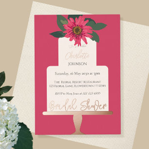 Invitación Con Relieve Metalizado Torta Floral Moderna Ducha de Novia Dorada