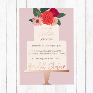 Invitación Con Relieve Metalizado Torta Floral Moderna Lluvia de Novia Dorado