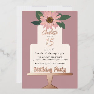 Invitación Con Relieve Metalizado Torta Floral Rosa Cumpleaños Rosa Dorado