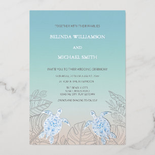 Invitación Con Relieve Metalizado Tortugas Marinas Plateadas Turquesa Boda en la P