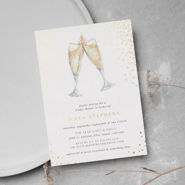 Invitación Con Relieve Metalizado Tosta de champaña | Ducha de novia (Elegant champagne theme bridal shower invitations on smooth white paper with gold foil)