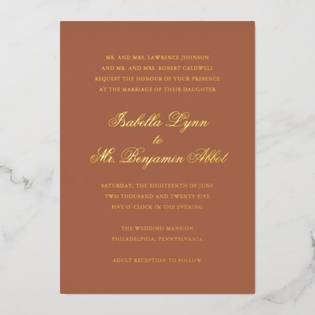 Invitación Con Relieve Metalizado Tradicional Terracota Elegante Formal Boda (Anverso)