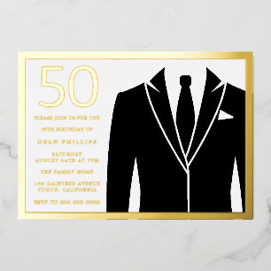 Invitación Con Relieve Metalizado Traje dorado y negro & Corbata Cumpleaños 50 Party