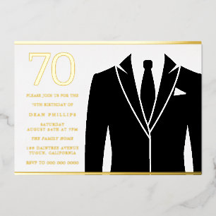 Invitación Con Relieve Metalizado Traje negro y corbata Cumpleaños 70 años de edad R