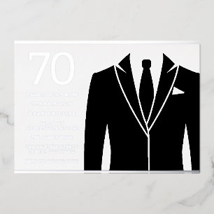 Invitación Con Relieve Metalizado Traje negro y corbata Cumpleaños 70 años de plata