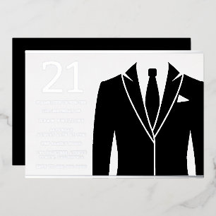 Invitación Con Relieve Metalizado Traje negro y corbata Fiesta de cumpleaños 21 años