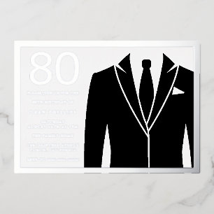 Invitación Con Relieve Metalizado Traje negro y corbata Fiesta de cumpleaños 80 años