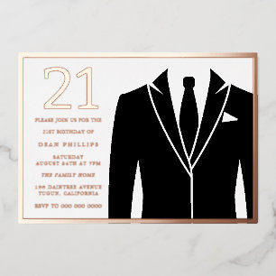 Invitación Con Relieve Metalizado Traje y corbata de oro rosa y negro Cumpleaños 21