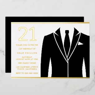 Invitación Con Relieve Metalizado Traje y corbata dorados y negros Cumpleaños 21 dor