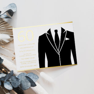 Invitación Con Relieve Metalizado Traje y corbata dorados y negros Cumpleaños 60 año