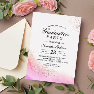 Invitación Con Relieve Metalizado Trazo de pincel rosa de acuarela abstracta y RoseG
