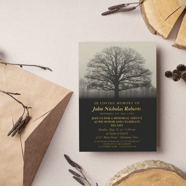 Invitación Con Relieve Metalizado Tree Silhouette Memorial Service Gold (Subido por el creador)