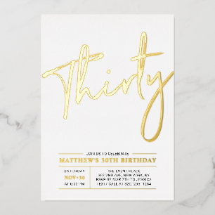 Invitación Con Relieve Metalizado Treinta   Fiesta de cumpleaños moderna de oro 30