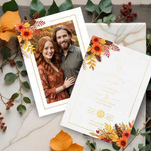 Invitación Con Relieve Metalizado Trendy Fancy Initials Floral Fall Bouquets