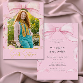 Invitación Con Relieve Metalizado Trendy Pink Bow Sweet Sixteen Photo Birthday Party