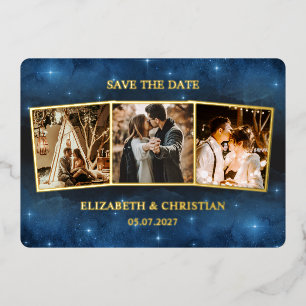 Invitación Con Relieve Metalizado Tres Fotos Galaxy Overlay Pareja Save The Date