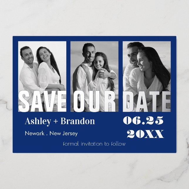 Invitación Con Relieve Metalizado Triple foto azul, blanco, REAL (Anverso)