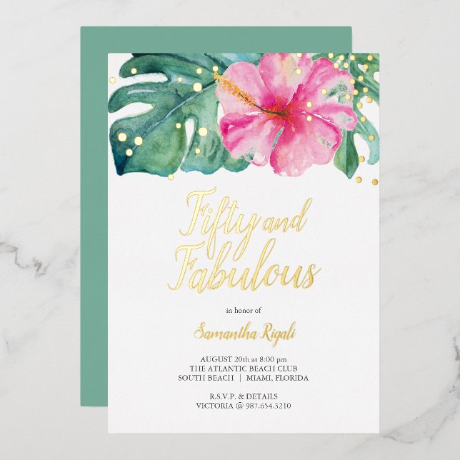 Invitación Con Relieve Metalizado Tropical 50 y fabuloso cumpleaños 50 (Anverso/Reverso)