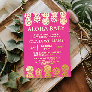 Invitación Con Relieve Metalizado Tropical Aloha Luau Hawaiano Rosa Dorado Verano