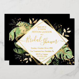 Invitación Con Relieve Metalizado Tropical Black & Gold Elegant Bridal Shower